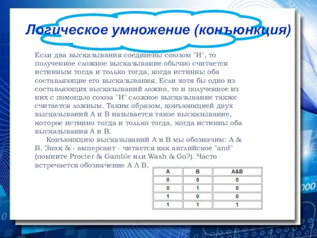 Логическое умножение (конъюнкция) Если два высказывания соединены союзом "И", то полученное сложное