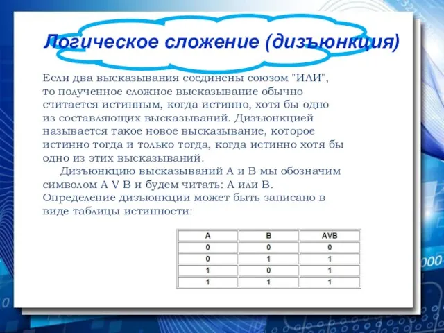 Логическое сложение (дизъюнкция) Если два высказывания соединены союзом "ИЛИ", то полученное сложное