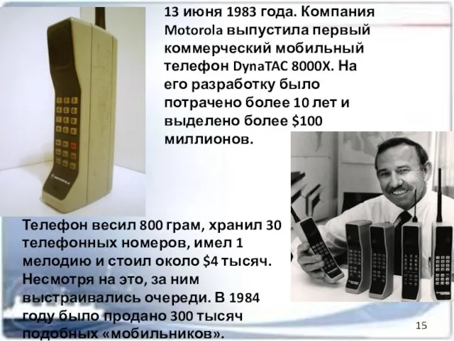 13 июня 1983 года. Компания Motorola выпустила первый коммерческий мобильный телефон DynaTAC