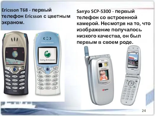 Ericsson T68 - первый телефон Ericsson с цветным экраном. Sanуo SCP-5300 -