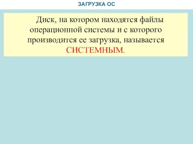 ЗАГРУЗКА ОС Диск, на котором находятся файлы операционной системы и с которого