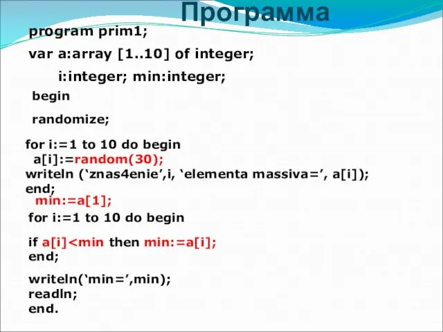 Программа program prim1; var a:array [1..10] of integer; i:integer; min:integer; for i:=1