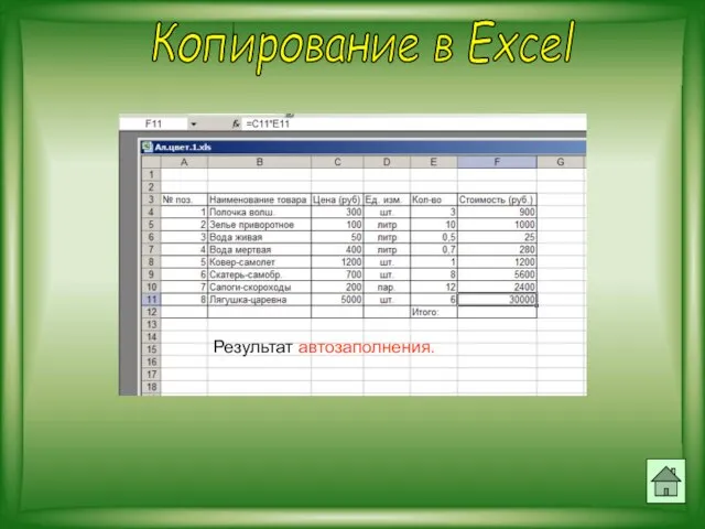 Копирование в Excel Результат автозаполнения.