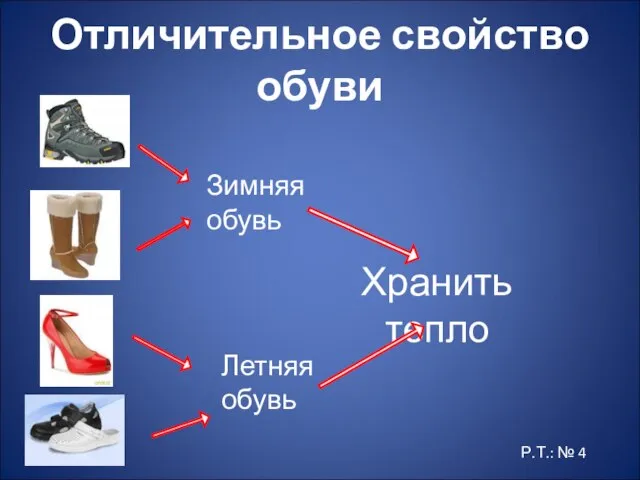 Отличительное свойство обуви Хранить тепло Зимняя обувь Летняя обувь Р.Т.: № 4