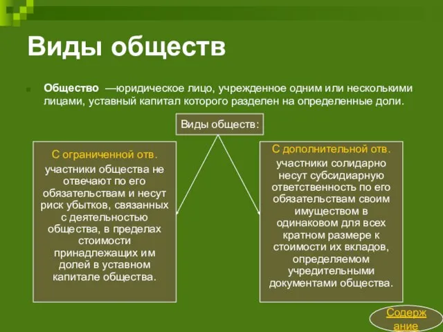 Виды обществ Общество —юридическое лицо, учрежденное одним или несколькими лицами, уставный капитал