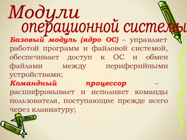 Модули операционной системы: Базовый модуль (ядро ОС) – управляет работой программ и