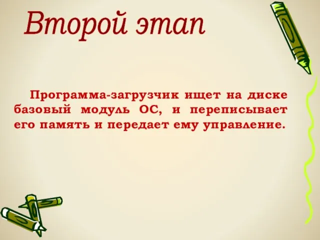 Программа-загрузчик ищет на диске базовый модуль ОС, и переписывает его память и