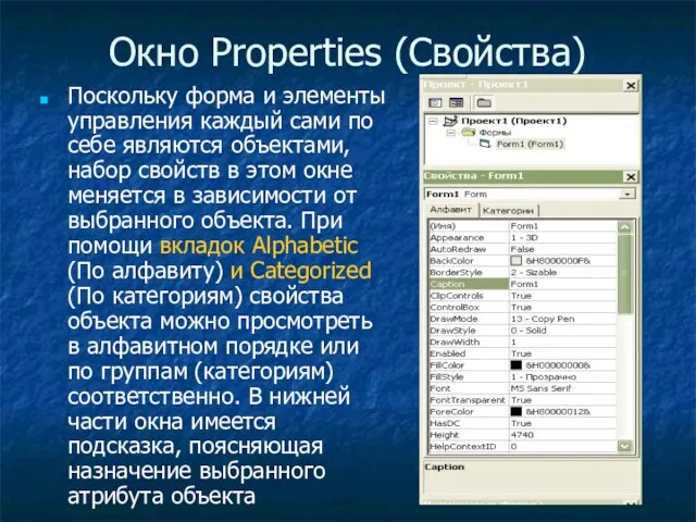 Окно Properties (Свойства) Поскольку форма и элементы управления каждый сами по себе