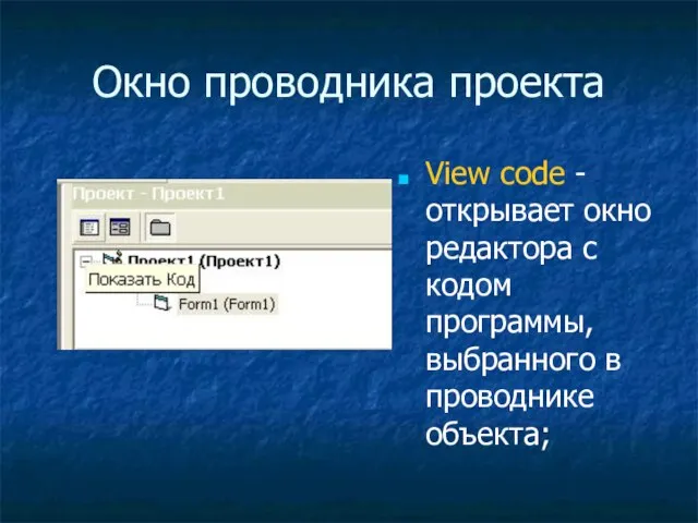 Окно проводника проекта View code - открывает окно редактора с кодом программы, выбранного в проводнике объекта;