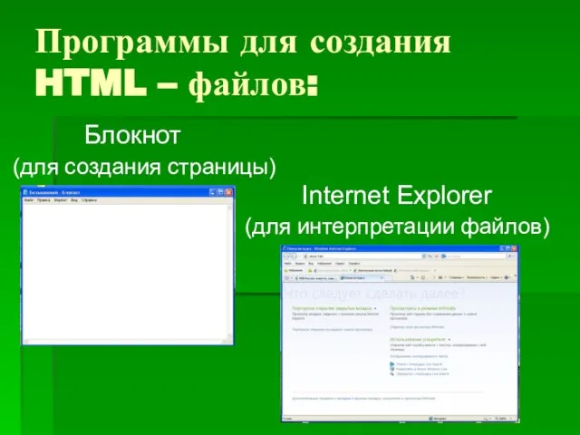 Блокнот (для создания страницы) Internet Explorer (для интерпретации файлов) Программы для создания HTML – файлов: