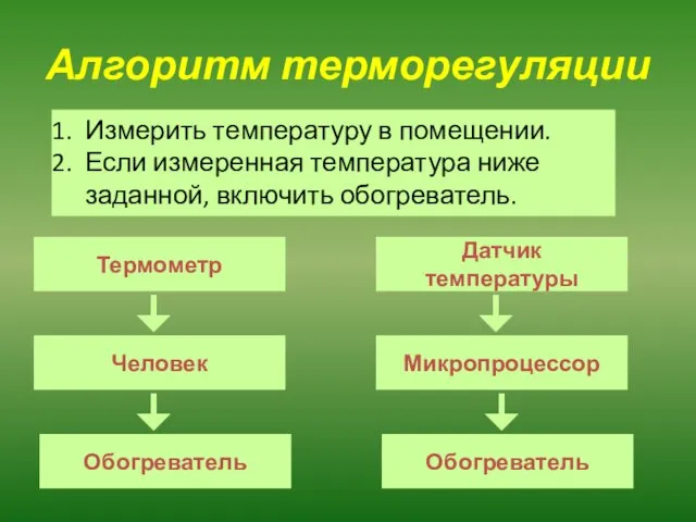 Алгоритм терморегуляции Термометр Обогреватель Микропроцессор Человек Датчик температуры Обогреватель Измерить температуру в