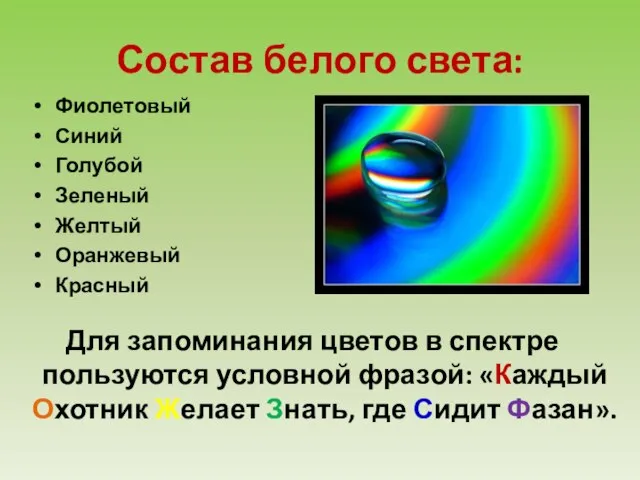 Состав белого света: Фиолетовый Синий Голубой Зеленый Желтый Оранжевый Красный Для запоминания