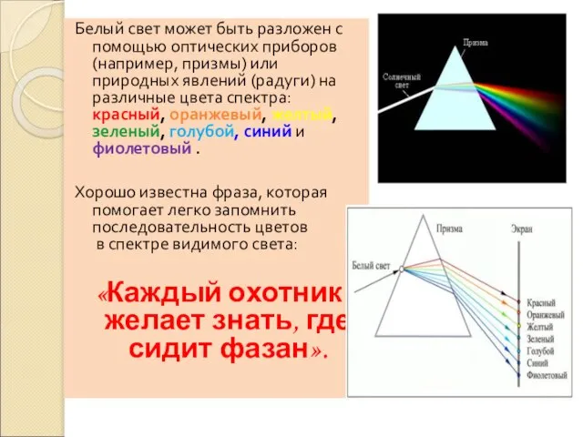 Белый свет может быть разложен с помощью оптических приборов (например, призмы) или