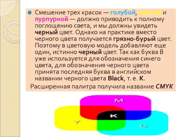 Смешение трех красок — голубой, желтой и пурпурной — должно приводить к