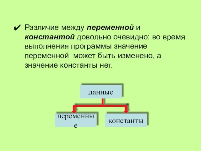 Различие между переменной и константой довольно очевидно: во время выполнения программы значение