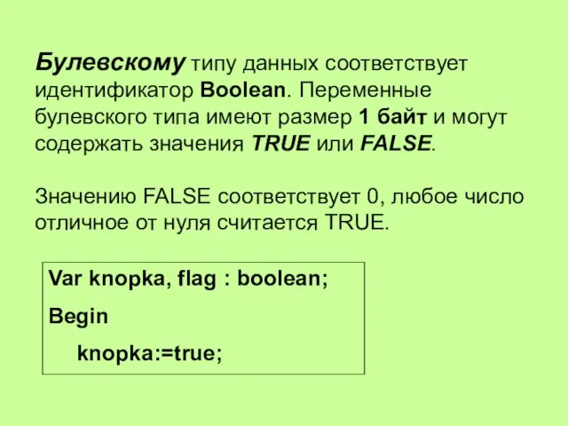 Булевскому типу данных соответствует идентификатор Boolean. Переменные булевского типа имеют размер 1