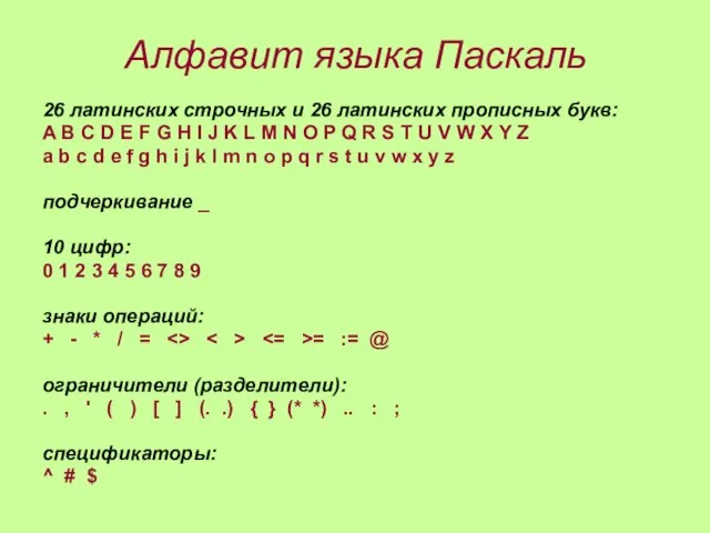 Алфавит языка Паскаль 26 латинских строчных и 26 латинских прописных букв: A