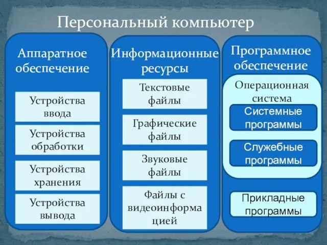 Персональный компьютер Аппаратное обеспечение Информационные ресурсы Программное обеспечение Устройства ввода Устройства обработки