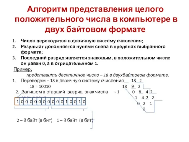 Алгоритм представления целого положительного числа в компьютере в двух байтовом формате Число