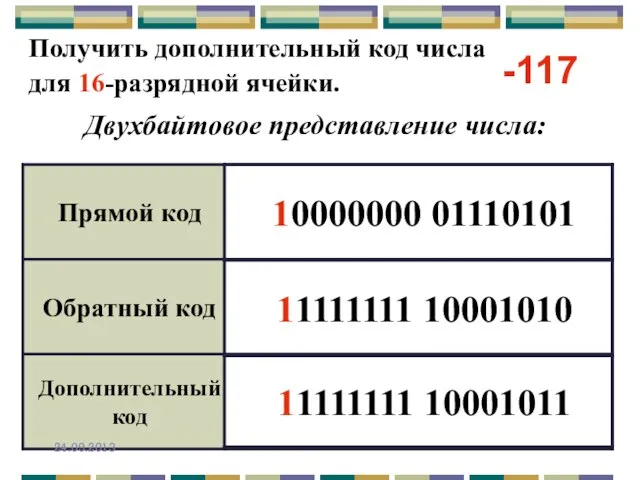 Получить дополнительный код числа для 16-разрядной ячейки. Двухбайтовое представление числа: -117