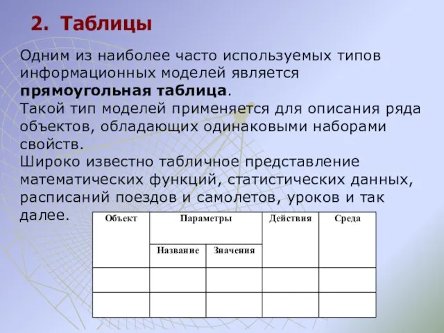 2. Таблицы Одним из наиболее часто используемых типов информационных моделей является прямоугольная