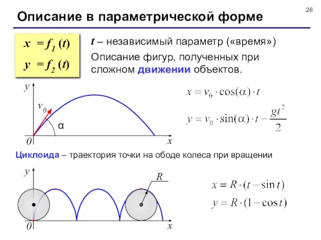 Описание в параметрической форме t – независимый параметр («время») Описание фигур, полученных