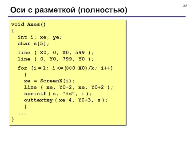 Оси с разметкой (полностью) void Axes() { int i, xe, ye; char