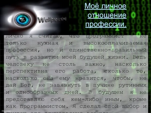 Моё личное отношение профессии. Лично я считаю, что программист – не только