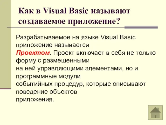 Как в Visual Basic называют создаваемое приложение? Разрабатываемое на языке Visual Basic