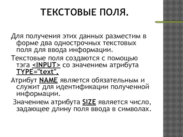 ТЕКСТОВЫЕ ПОЛЯ. Для получения этих данных разместим в форме два однострочных текстовых