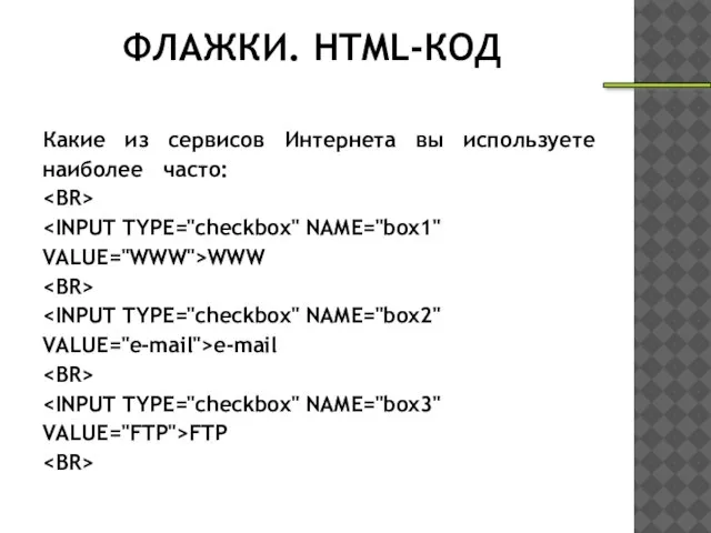 ФЛАЖКИ. HTML-КОД Какие из сервисов Интернета вы используете наиболее часто: VALUE="WWW">WWW VALUE="e-mail">e-mail VALUE="FTP">FTP _________