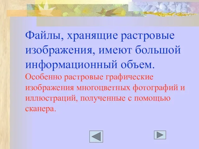 Файлы, хранящие растровые изображения, имеют большой информационный объем. Особенно растровые графические изображения