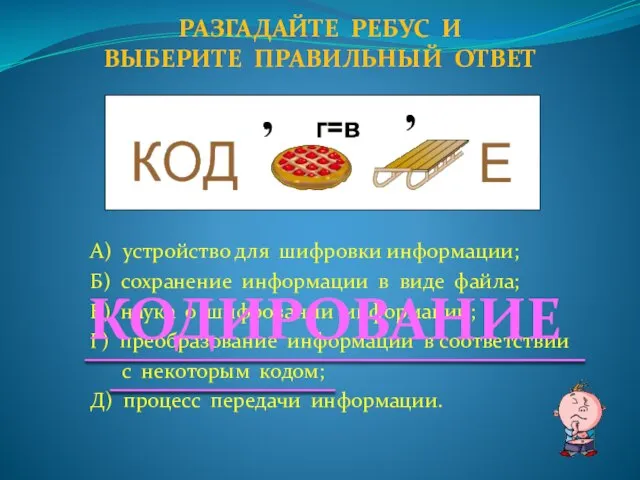 А) устройство для шифровки информации; Б) сохранение информации в виде файла; В)