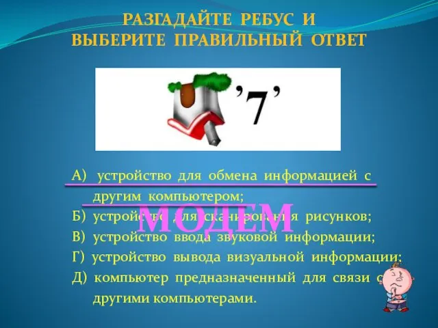 А) устройство для обмена информацией с другим компьютером; Б) устройство для сканирования