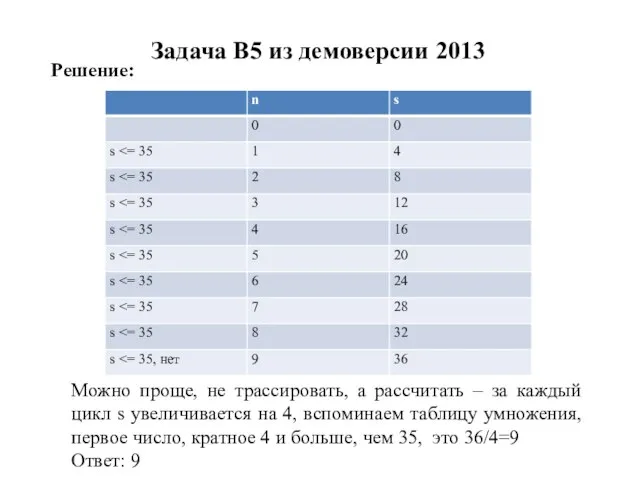 Задача B5 из демоверсии 2013 Решение: Можно проще, не трассировать, а рассчитать