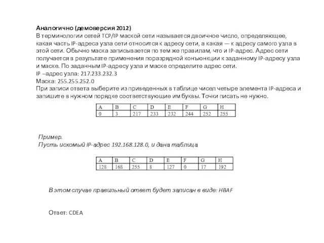 Аналогично (демоверсия 2012) В терминологии сетей TCP/IP маской сети называется двоичное число,