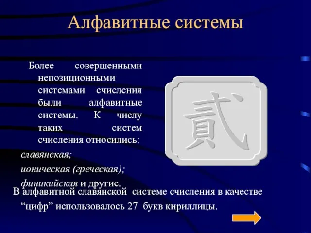 Алфавитные системы Более совершенными непозиционными системами счисления были алфавитные системы. К числу