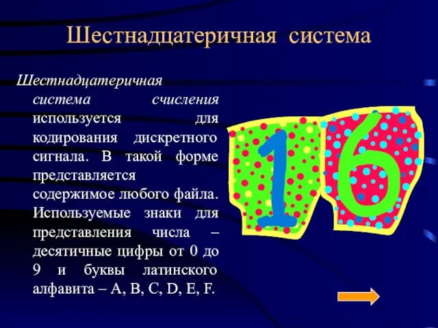 Шестнадцатеричная система Шестнадцатеричная система счисления используется для кодирования дискретного сигнала. В такой