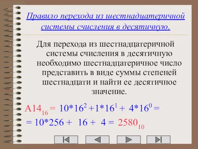 Правило перехода из шестнадцатеричной системы счисления в десятичную. Для перехода из шестнадцатеричной