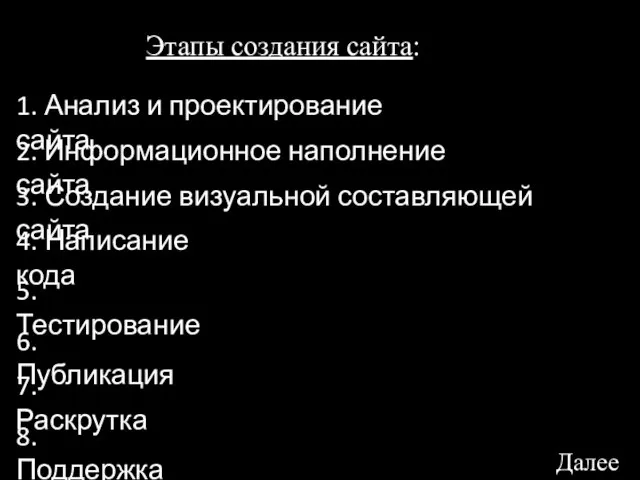 Этапы создания сайта: 1. Анализ и проектирование сайта 2. Информационное наполнение сайта