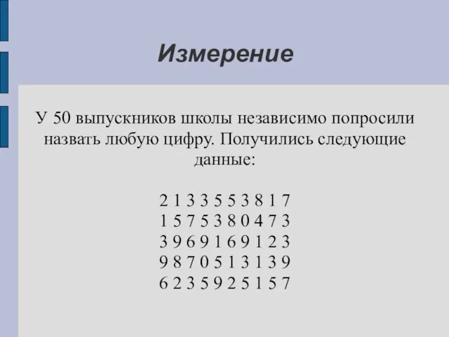 Измерение У 50 выпускников школы независимо попросили назвать любую цифру. Получились следующие