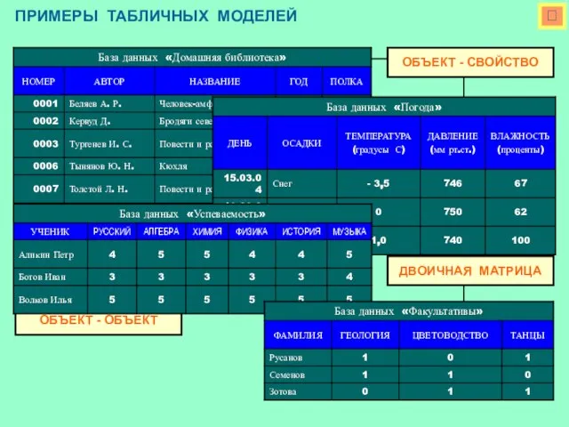  ПРИМЕРЫ ТАБЛИЧНЫХ МОДЕЛЕЙ ОБЪЕКТ - СВОЙСТВО ДВОИЧНАЯ МАТРИЦА ОБЪЕКТ - ОБЪЕКТ