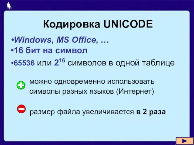 Кодировка UNICODE Windows, MS Office, … 16 бит на символ 65536 или