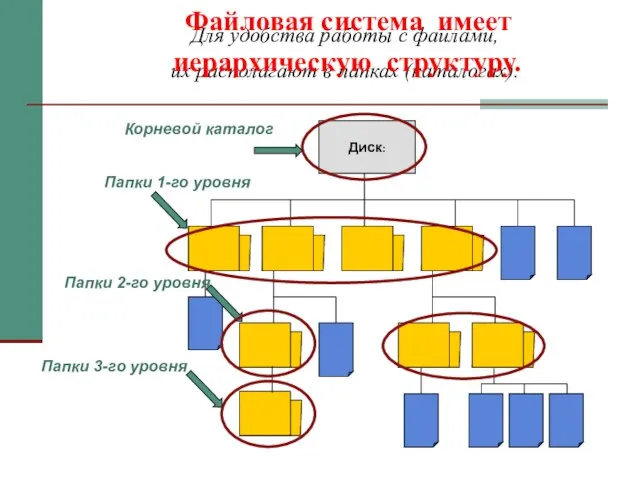 Для удобства работы с файлами, их располагают в папках (каталогах). Папки 1-го