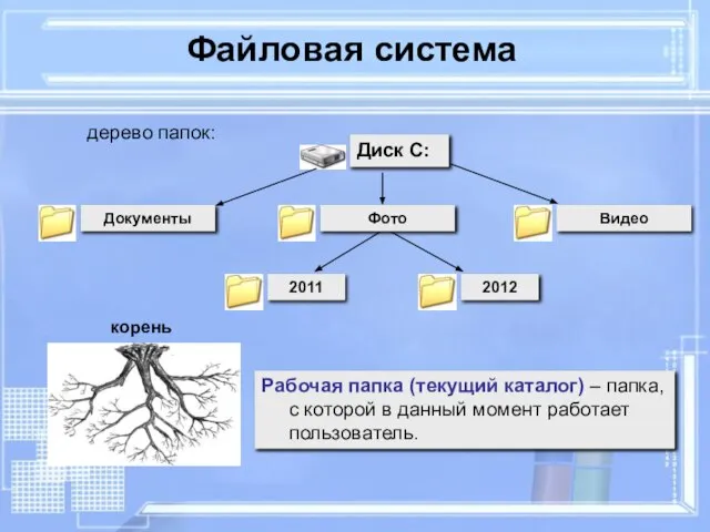 Файловая система Рабочая папка (текущий каталог) – папка, с которой в данный момент работает пользователь.