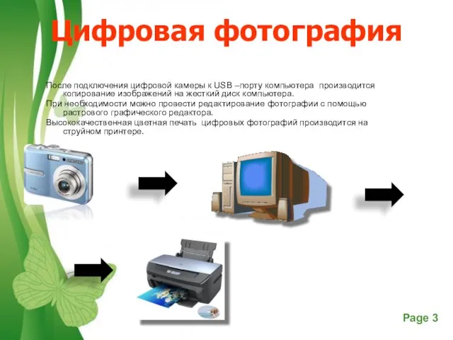 Цифровая фотография После подключения цифровой камеры к USB –порту компьютера производится копирование