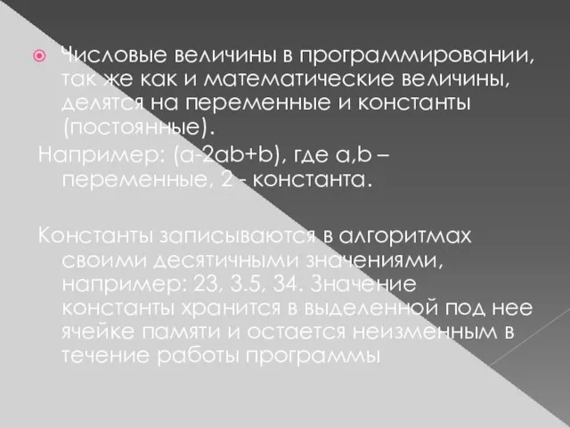 Числовые величины в программировании, так же как и математические величины, делятся на