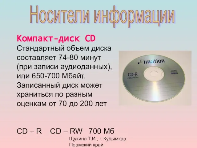 Щукина Т.И., г. Кудымкар Пермский край Носители информации Компакт-диск CD Стандартный объем