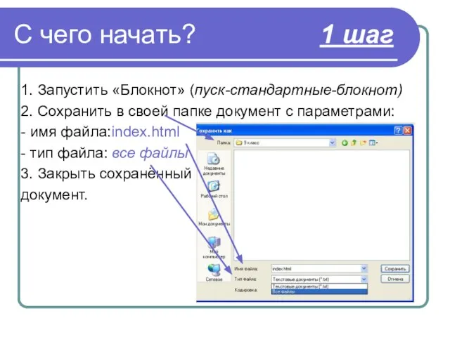 С чего начать? 1 шаг 1. Запустить «Блокнот» (пуск-стандартные-блокнот) 2. Сохранить в