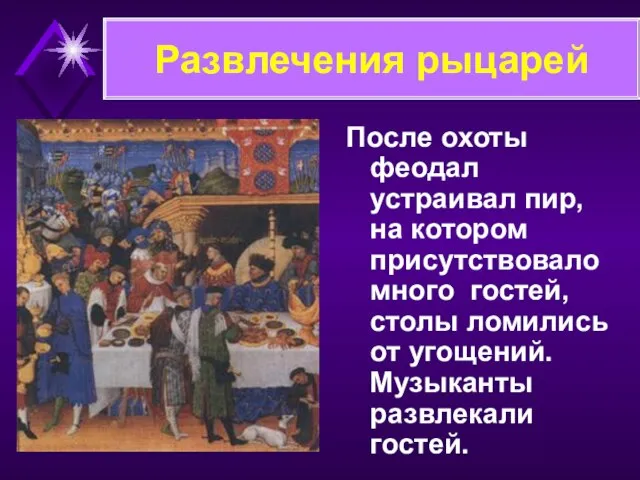 Развлечения рыцарей После охоты феодал устраивал пир, на котором присутствовало много гостей,